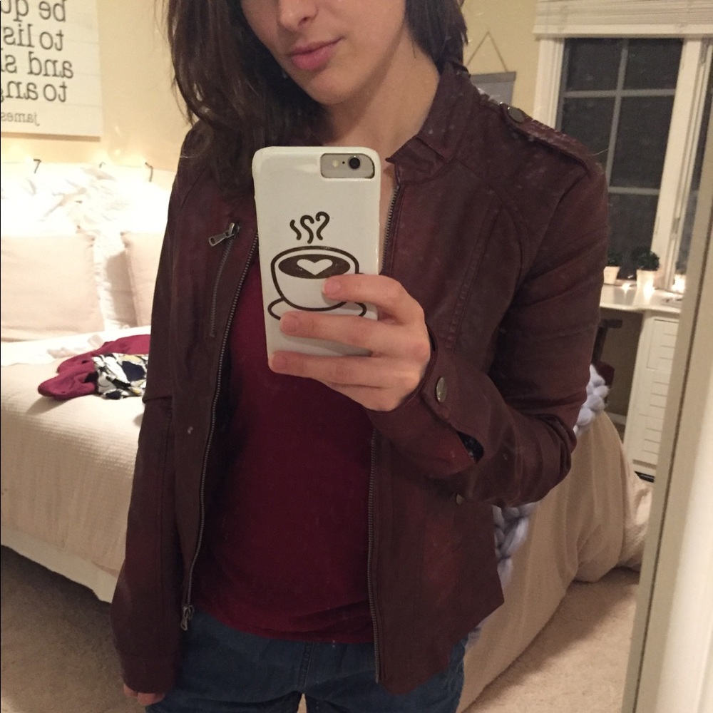 Buckle burgundy leather jacket